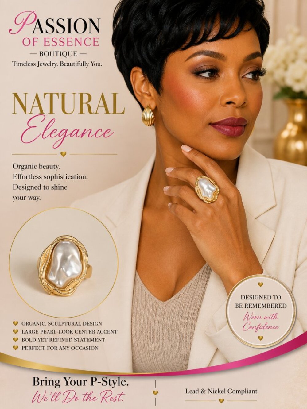Golden Essence Pearl-Look Sculptural Statement Ring